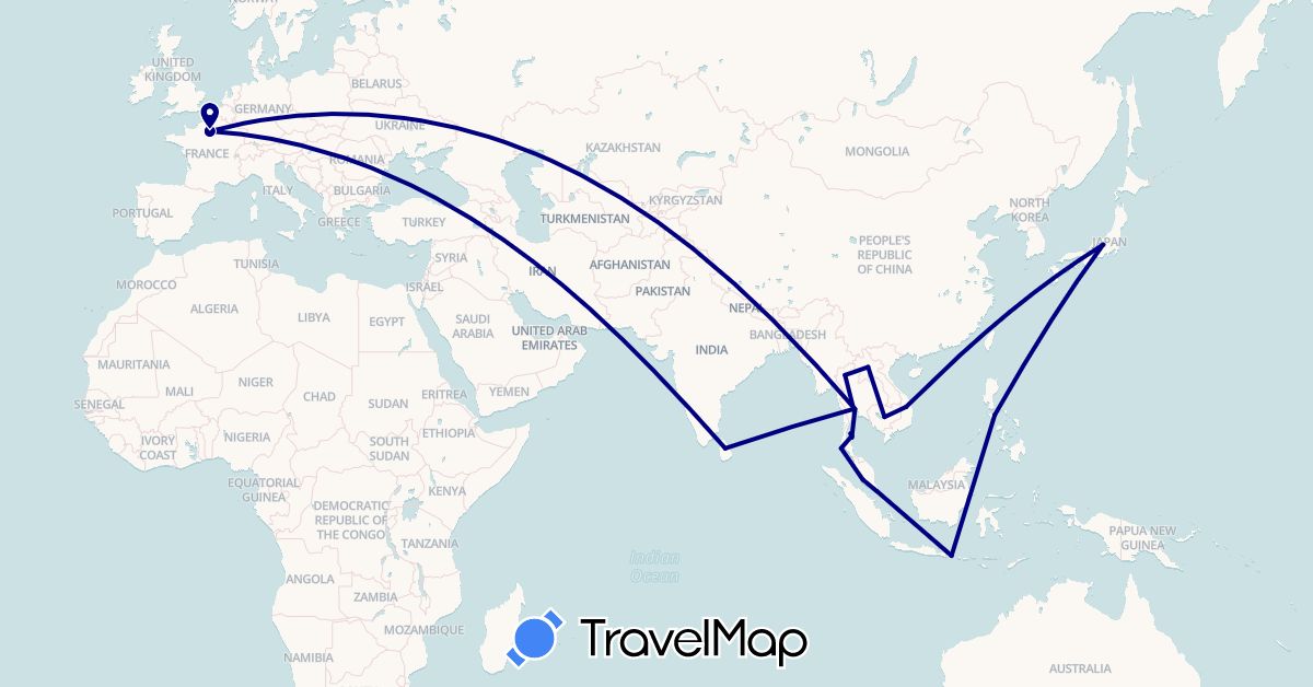 TravelMap itinerary: driving in France, Indonesia, Japan, Cambodia, Laos, Sri Lanka, Malaysia, Philippines, Singapore, Thailand, Vietnam (Asia, Europe)